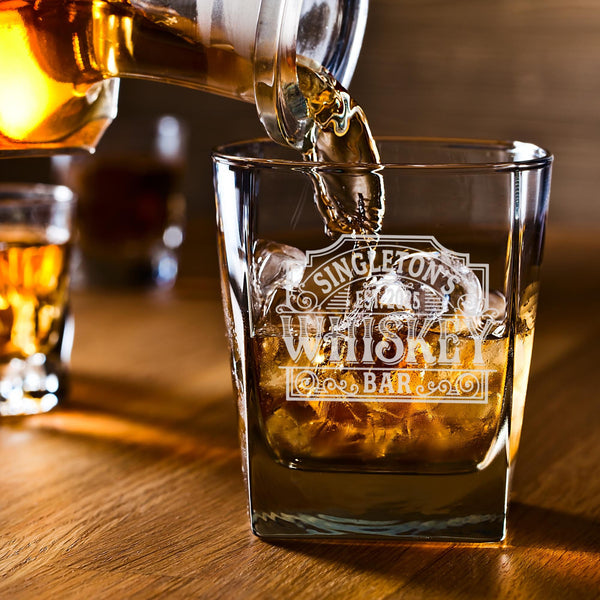 Whiskey Bar Etched Angular Rocks Glass