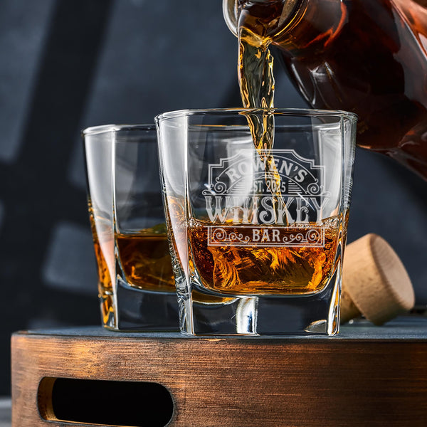 Whiskey Bar Etched Angular Rocks Glass