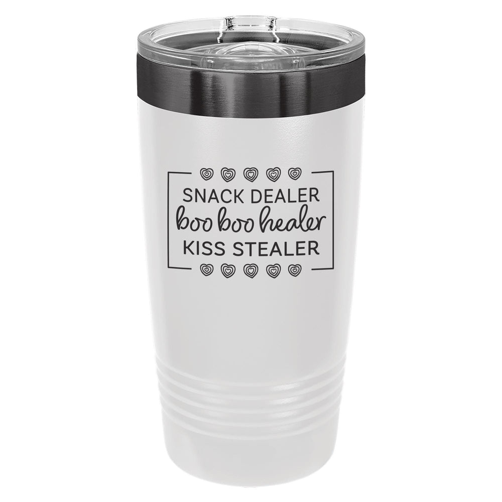 Snack Dealer, Boo Boo Healer, Kiss Stealer Etched Insulated Tumbler & Lid