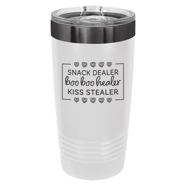 Snack Dealer, Boo Boo Healer, Kiss Stealer Etched Insulated Tumbler & Lid
