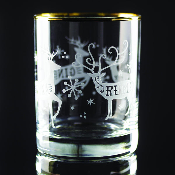 Reindeer Spirits Wrap Etched Gold-Rimmed Rocks Glass