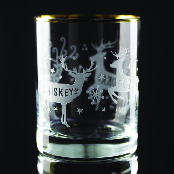 Reindeer Spirits Wrap Etched Gold-Rimmed Rocks Glass