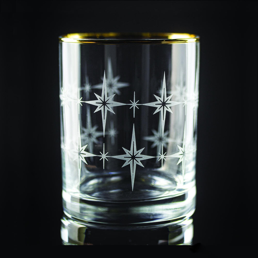 Retro Starburst Wrap Etched Gold-Rimmed Rocks Glass