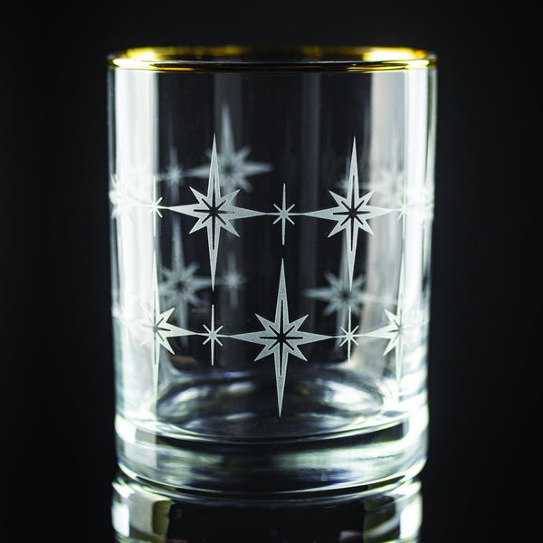 Retro Starburst Wrap Etched Gold-Rimmed Rocks Glass