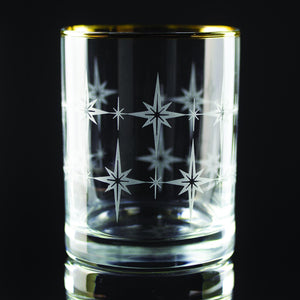 Retro Starburst Wrap Etched Gold-Rimmed Rocks Glass