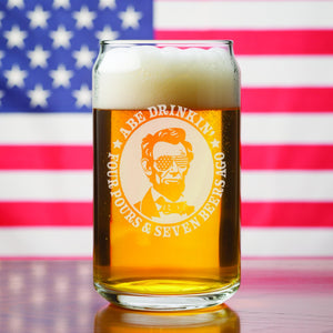 Presidential Humor Beer Can Glass - George Sloshington, Ben Dranklin, Abe Drinkin', James Brewchanan, Teddy Boozevelt