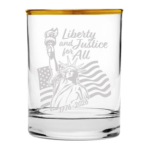 Liberty and Justice for All Sand Etched, Gold-Rimmed Rocks Glass, USA 250th Anniversary
